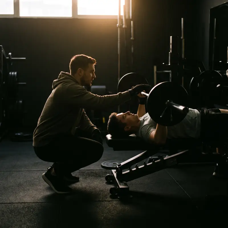 Personal trainer agachado ao lado do banco, ajudando o aluno no supino, numa academia escura com a luz da janela