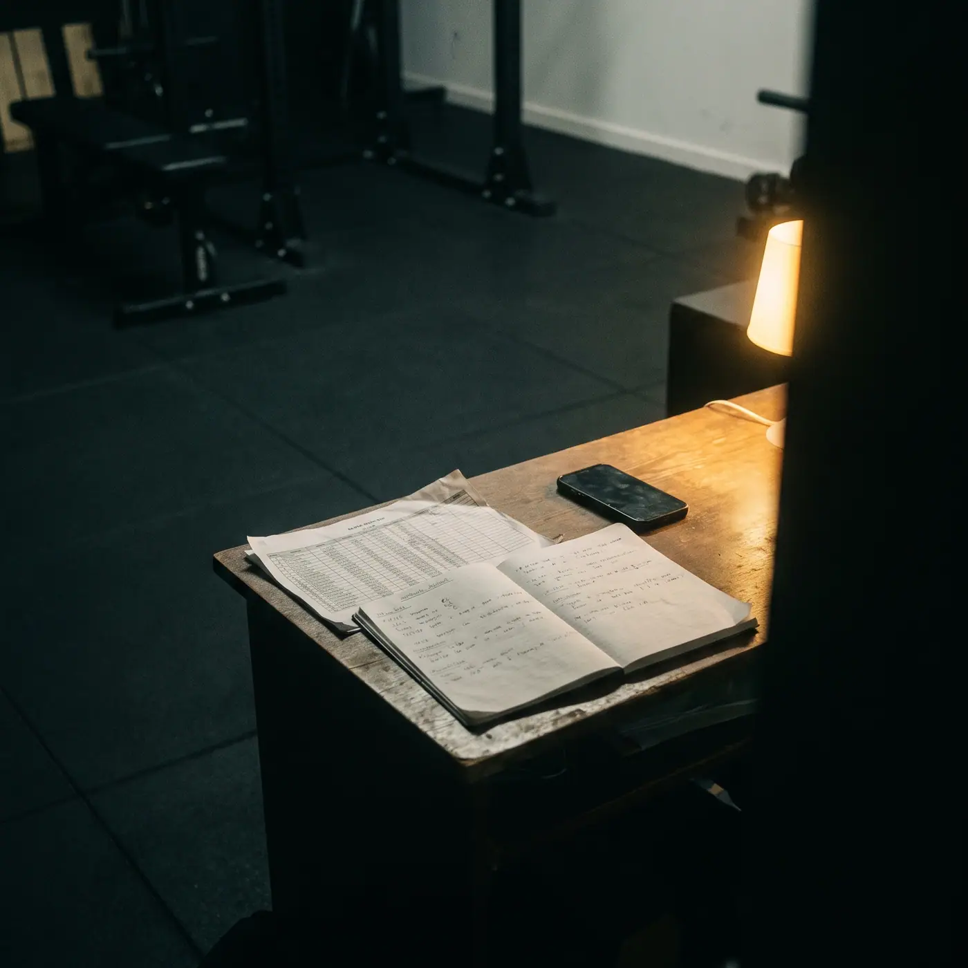 Caderno de anotações aberto no balcão da recepção, ao lado de um celular