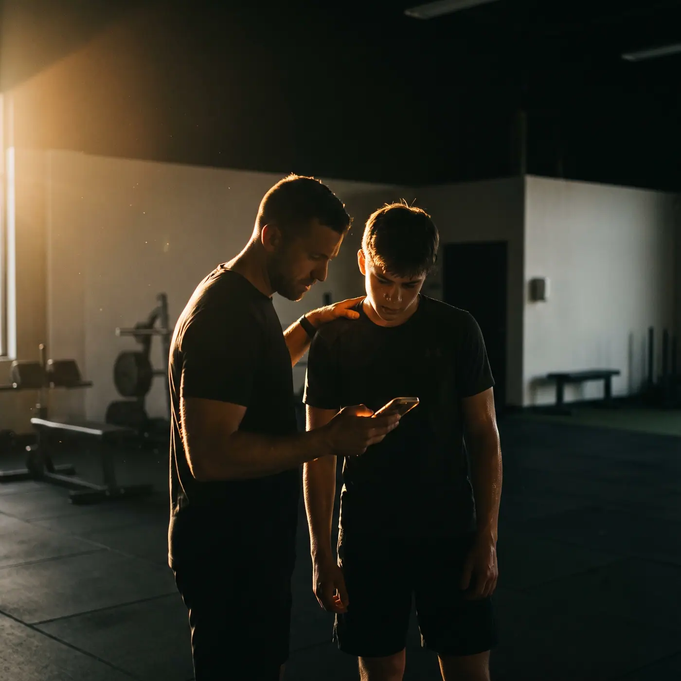 Personal trainer mostrando o app no celular para um aluno, na academia.