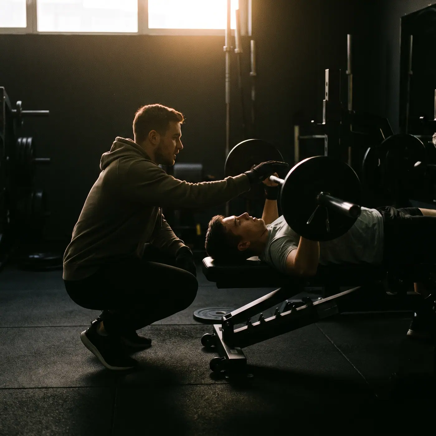 Personal trainer acompanhando um aluno no supino.