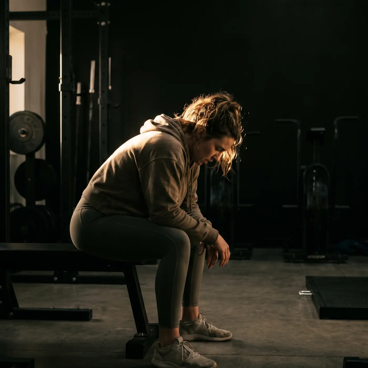Mulher sentada num banco da academia, de cabeça baixa.